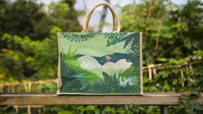 Eden Project Biomes design on jute bag photographed in the Rainforest Biome
